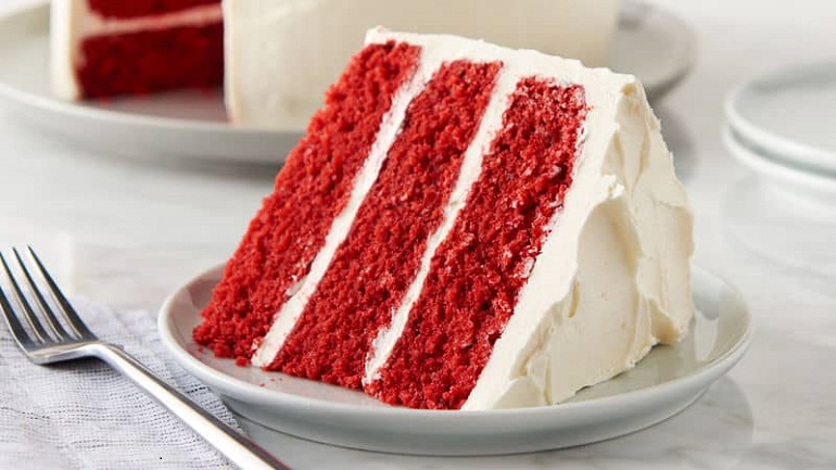 slice of red velvet cake on plate  