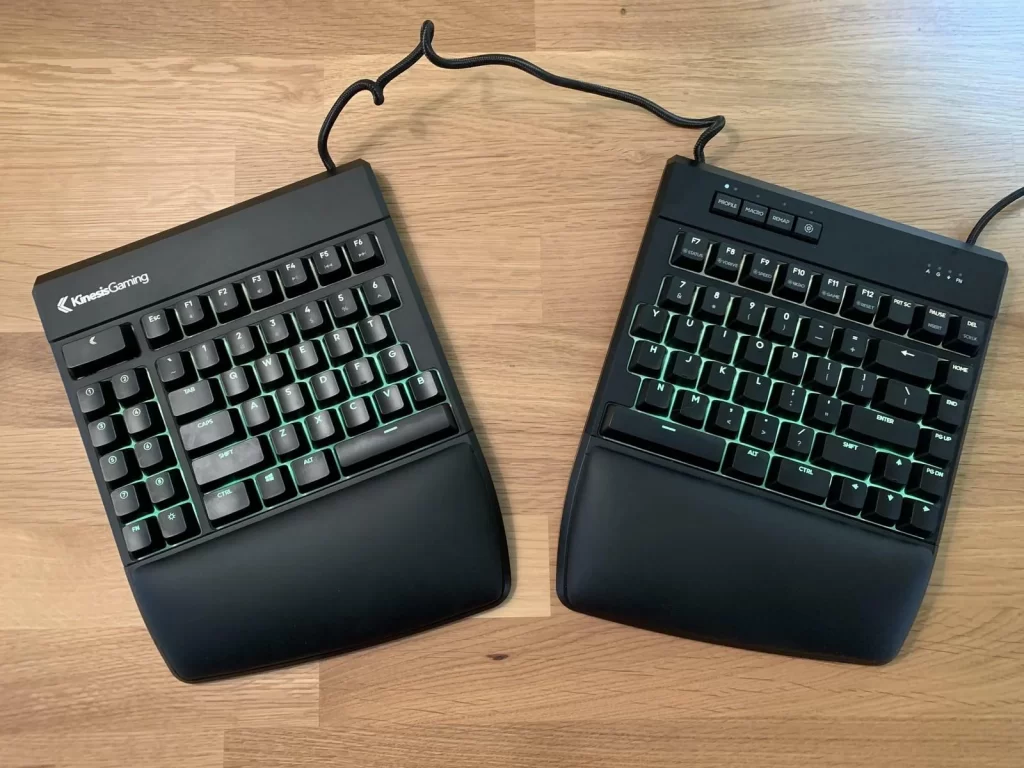 This type of split computer keyboard is split but not fully as the two halves are slightly apart at an angle yet are attached. Some brands offer designs that can be adjusted at an angle that’s most convenient for the user, whereas others can’t be adjusted but they come with handy features of their own like split and concave key wells.