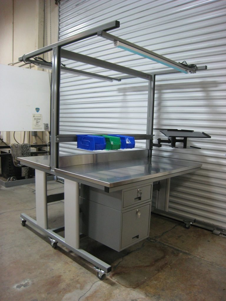 Aluminium work bench with wheels in a warehouse