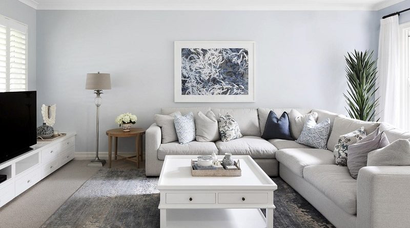 Hamptons living room styled in blue and white colours